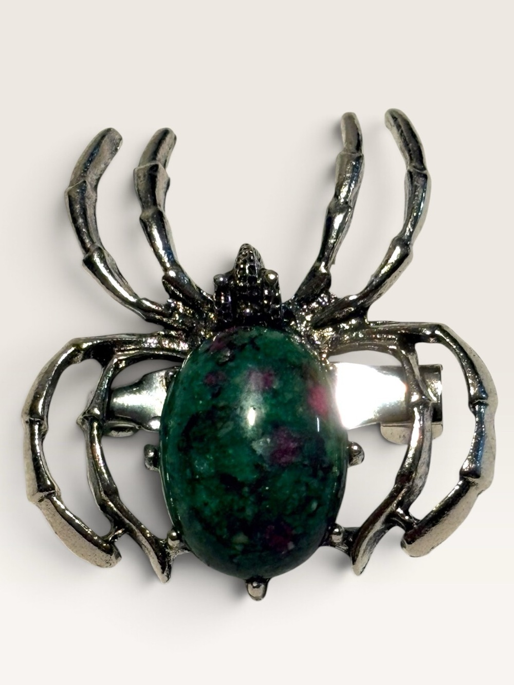 Silver Spider Brooch with Green and Pink Cabochon New Halloween